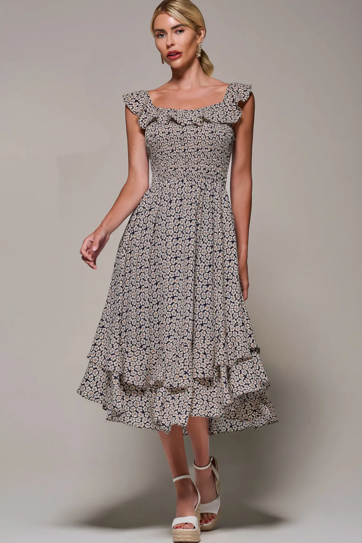 Shirred Ruffle Sleeve Tiered Midi Dress, Navy Floral