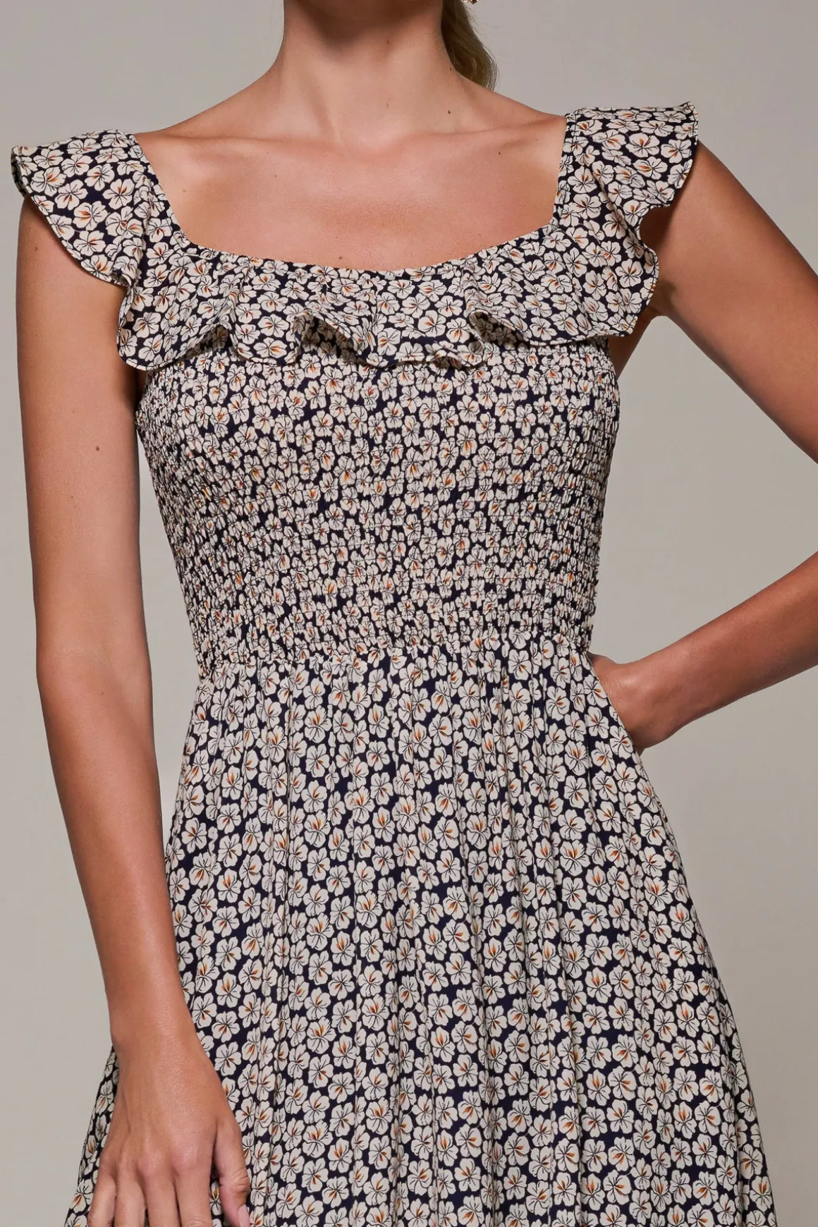 Shirred Ruffle Sleeve Tiered Midi Dress, Navy Floral