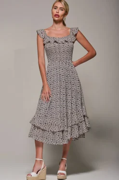 Shirred Ruffle Sleeve Tiered Midi Dress, Navy Floral