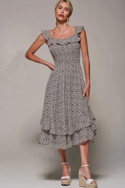 Shirred Ruffle Sleeve Tiered Midi Dress, Navy Floral