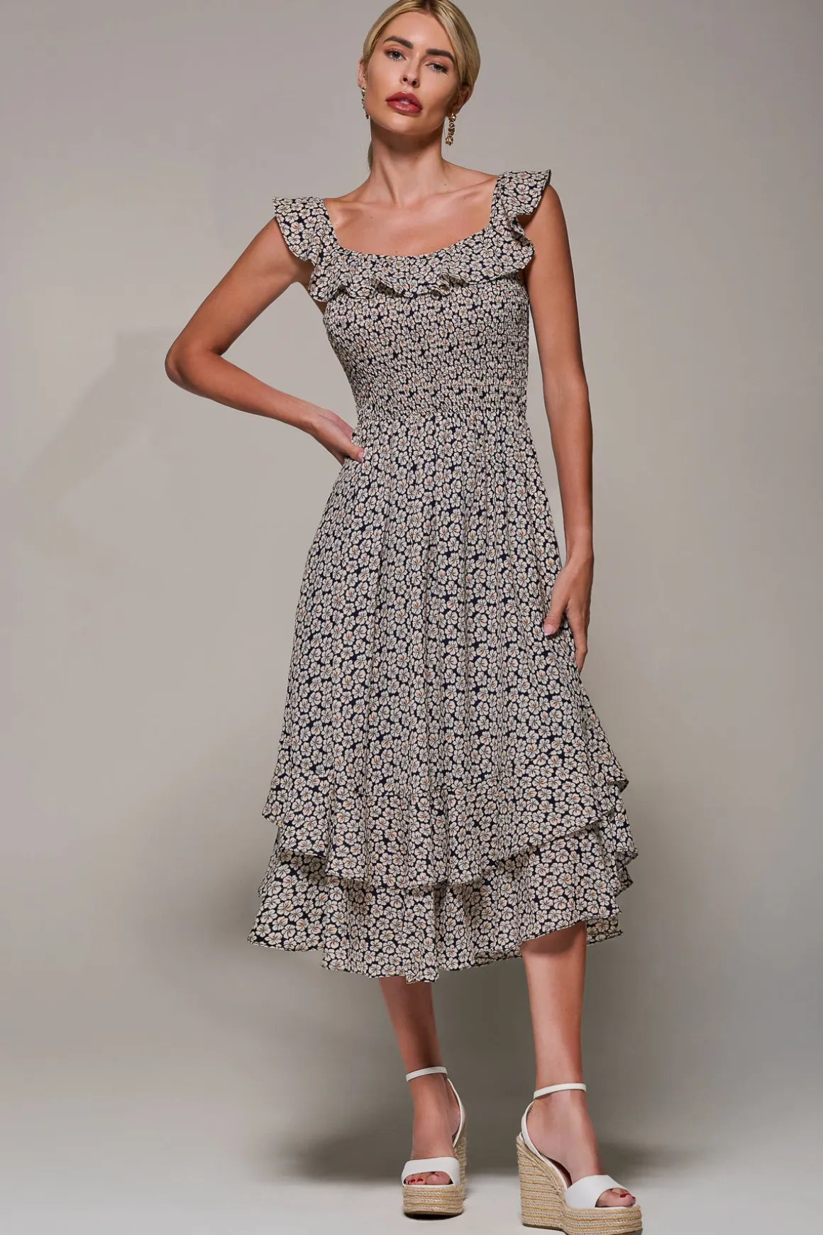Shirred Ruffle Sleeve Tiered Midi Dress, Navy Floral