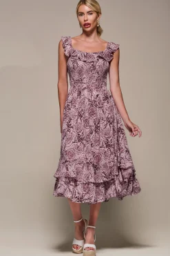 Shirred Ruffle Sleeve Tiered Midi Dress, Pink Abstract