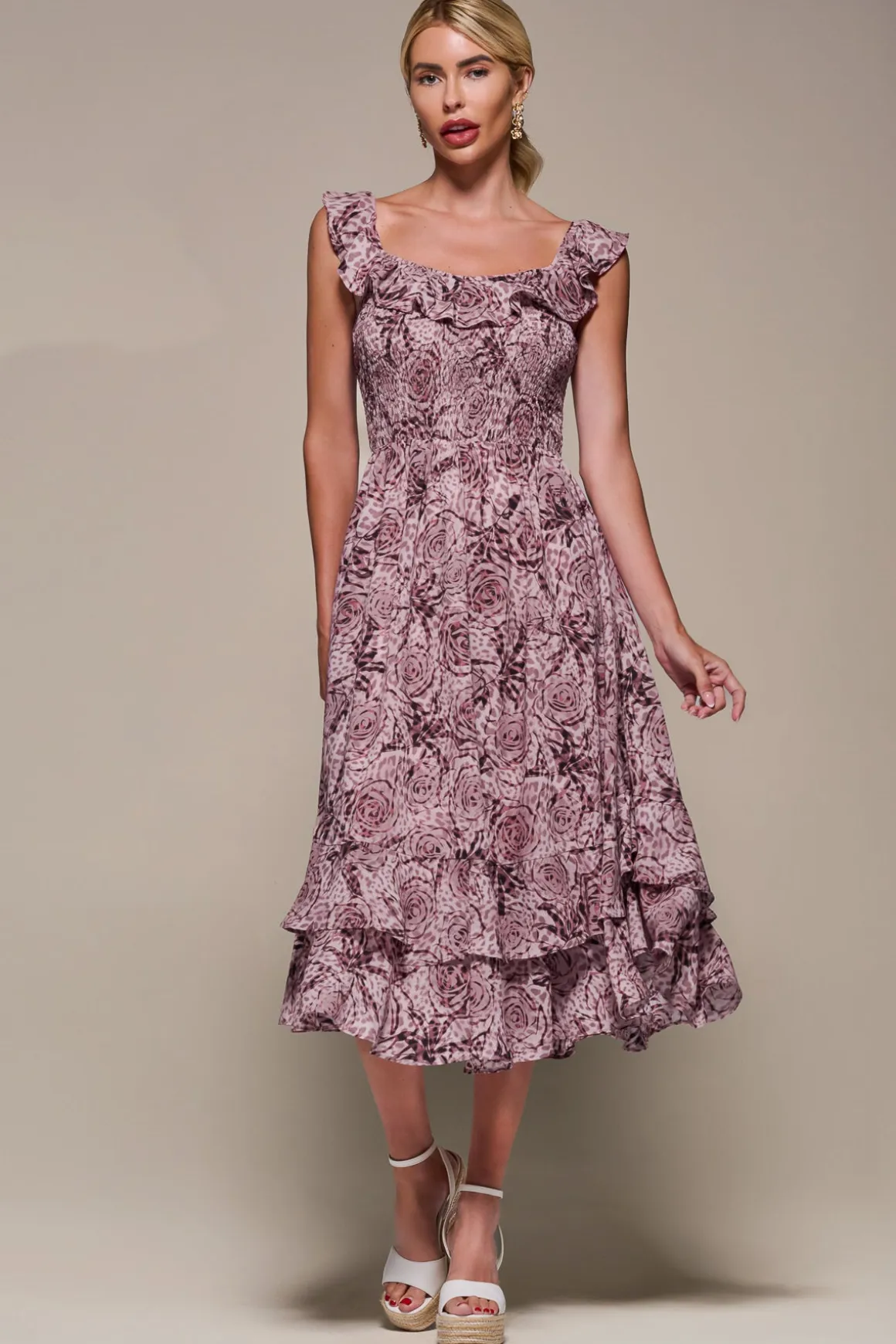 Shirred Ruffle Sleeve Tiered Midi Dress, Pink Abstract