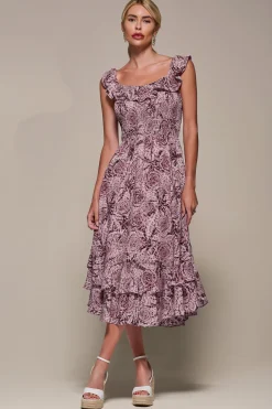 Shirred Ruffle Sleeve Tiered Midi Dress, Pink Abstract
