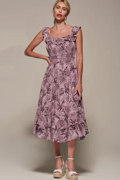 Shirred Ruffle Sleeve Tiered Midi Dress, Pink Abstract