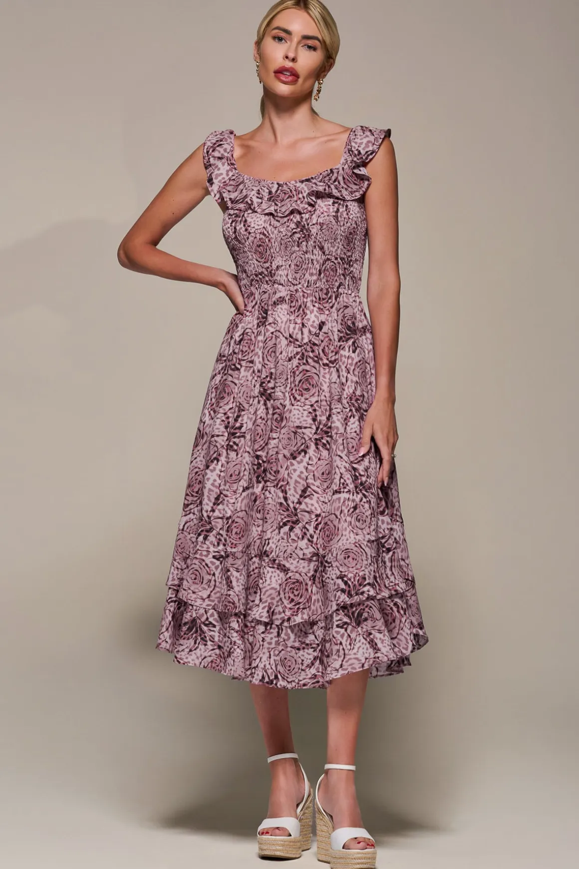 Shirred Ruffle Sleeve Tiered Midi Dress, Pink Abstract