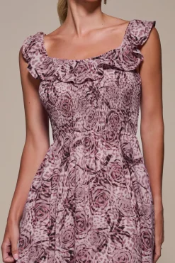 Shirred Ruffle Sleeve Tiered Midi Dress, Pink Abstract
