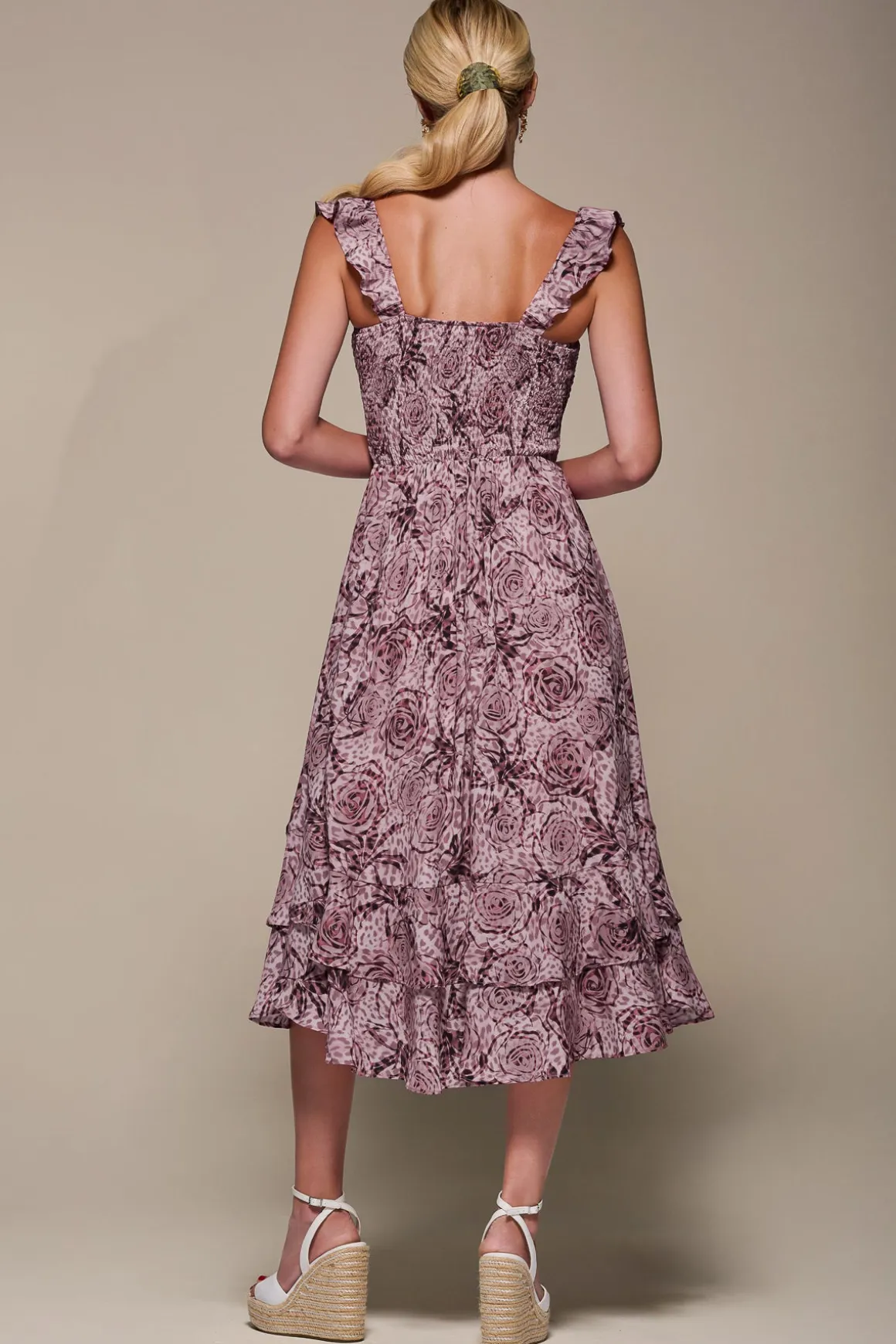 Shirred Ruffle Sleeve Tiered Midi Dress, Pink Abstract