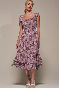 Shirred Ruffle Sleeve Tiered Midi Dress, Pink Abstract