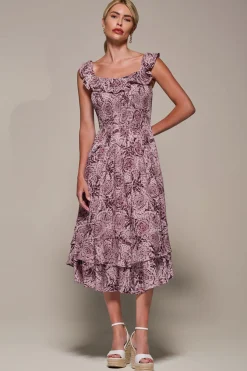 Shirred Ruffle Sleeve Tiered Midi Dress, Pink Abstract