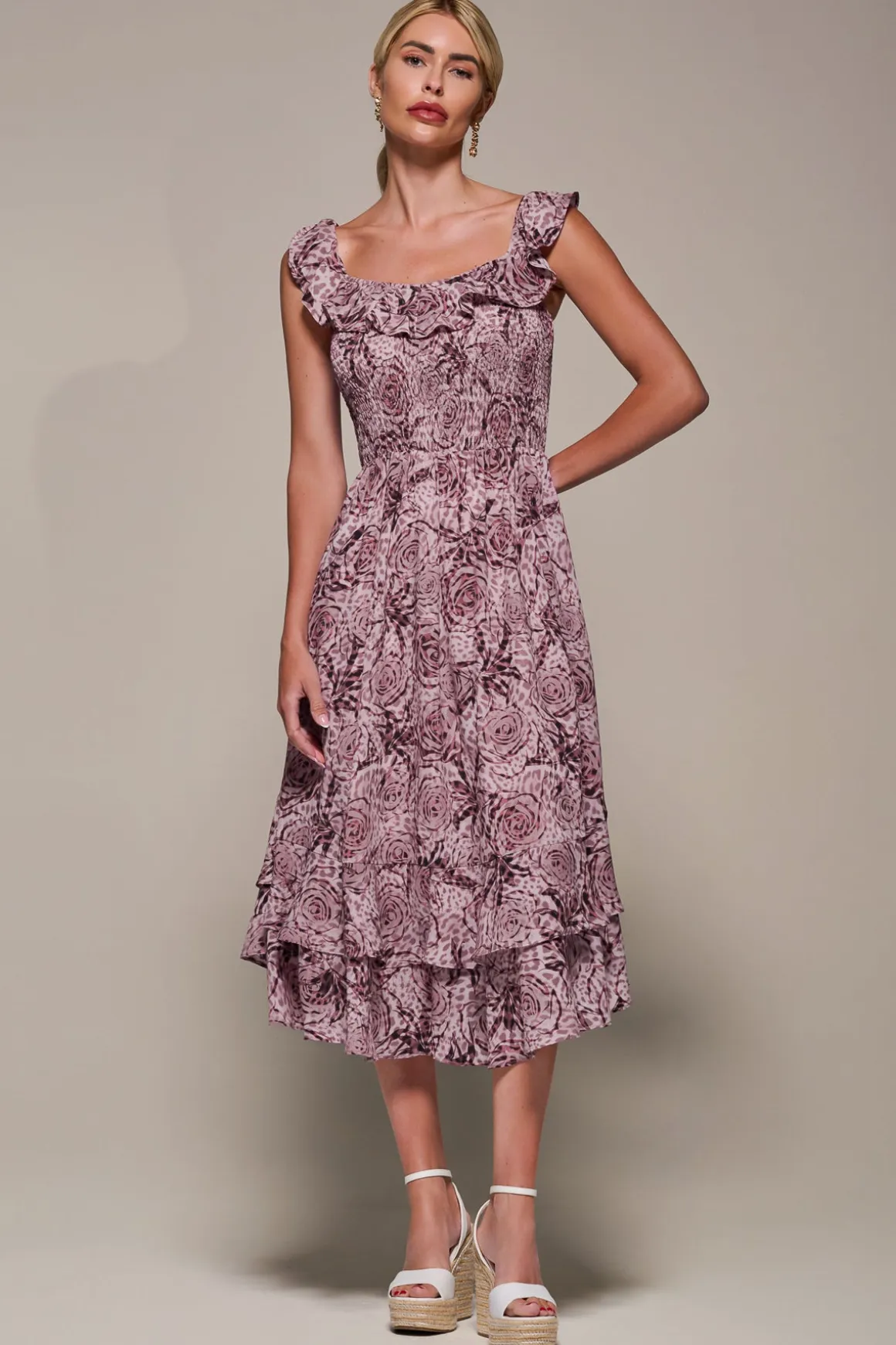 Shirred Ruffle Sleeve Tiered Midi Dress, Pink Abstract