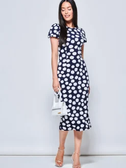 Short Sleeve Jersey Bodycon Midi Dress, Navy Polka Dot
