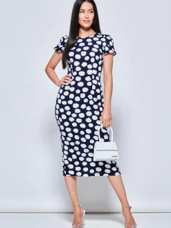 Short Sleeve Jersey Bodycon Midi Dress, Navy Polka Dot