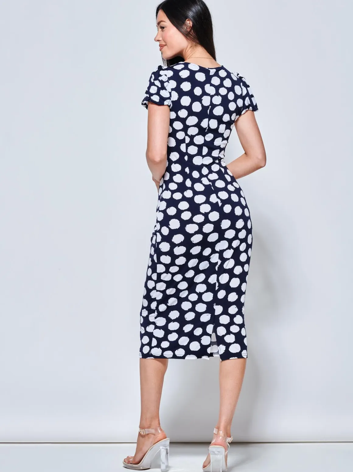 Short Sleeve Jersey Bodycon Midi Dress, Navy Polka Dot