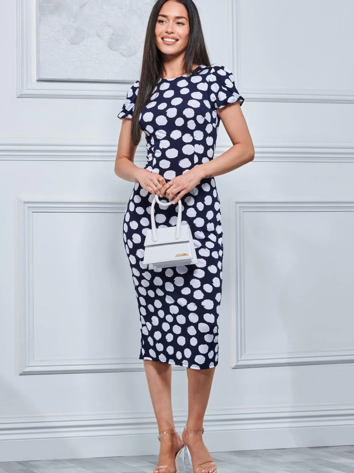 Short Sleeve Jersey Bodycon Midi Dress, Navy Polka Dot