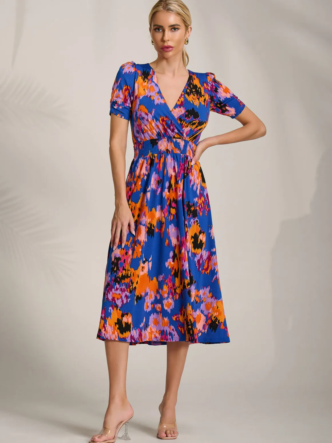 Short Sleeve Printed Jersey Midi Dress, Blue Abstract