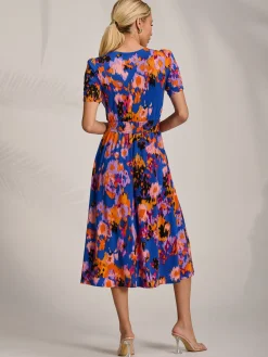 Short Sleeve Printed Jersey Midi Dress, Blue Abstract