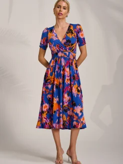 Short Sleeve Printed Jersey Midi Dress, Blue Abstract