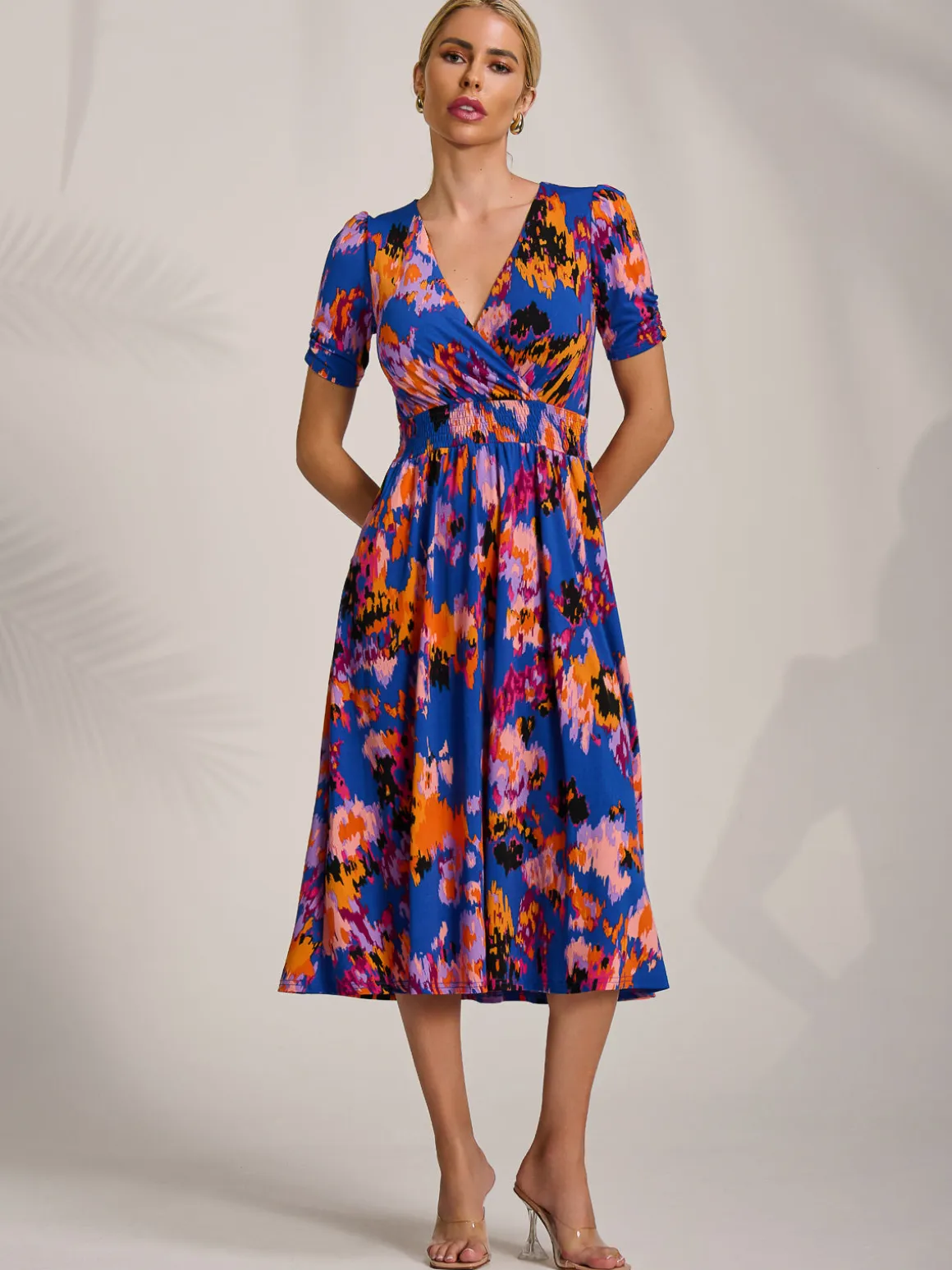 Short Sleeve Printed Jersey Midi Dress, Blue Abstract