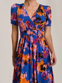 Short Sleeve Printed Jersey Midi Dress, Blue Abstract