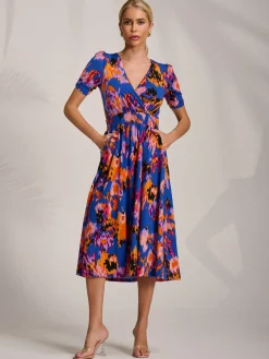 Short Sleeve Printed Jersey Midi Dress, Blue Abstract