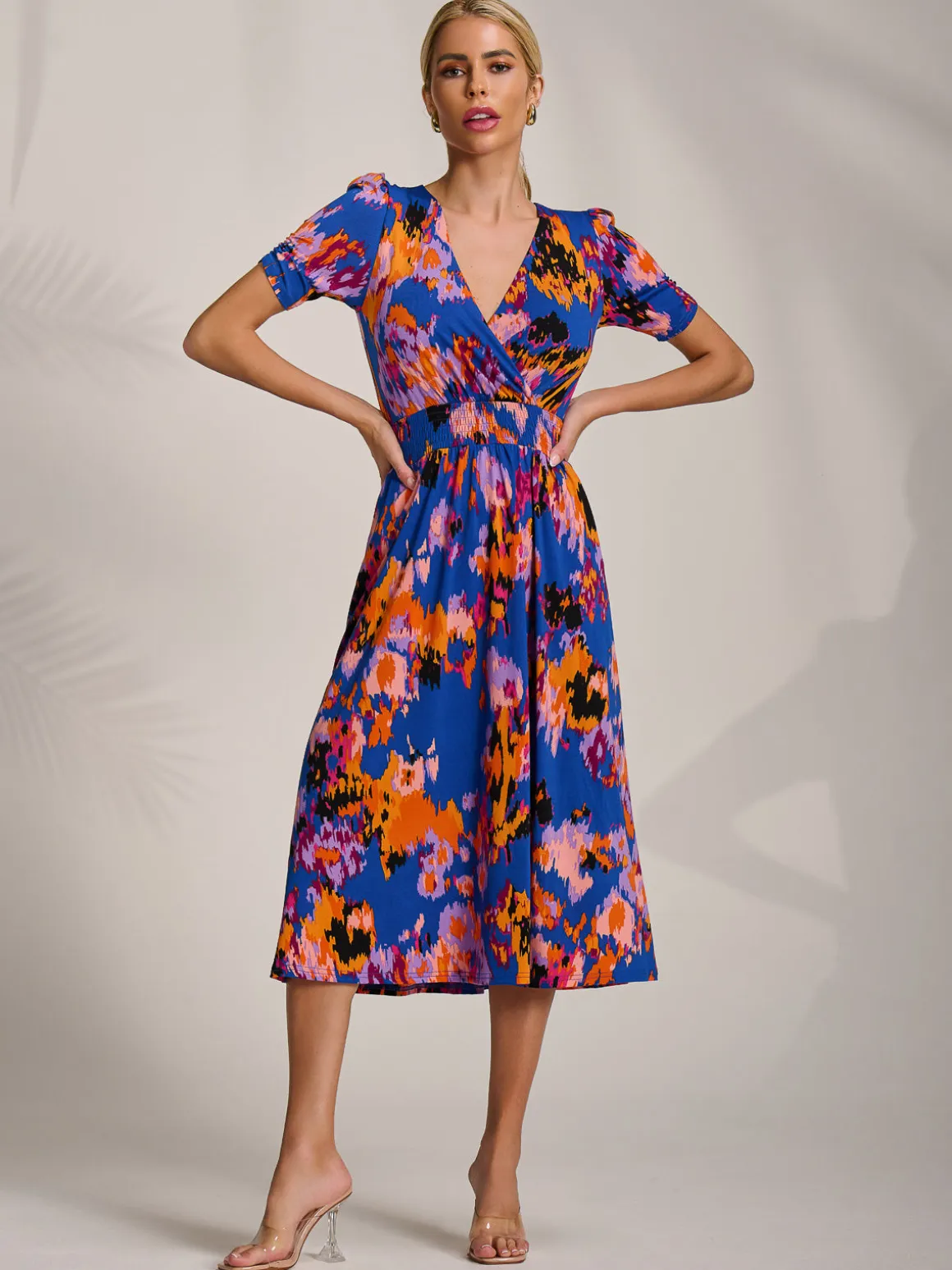 Short Sleeve Printed Jersey Midi Dress, Blue Abstract