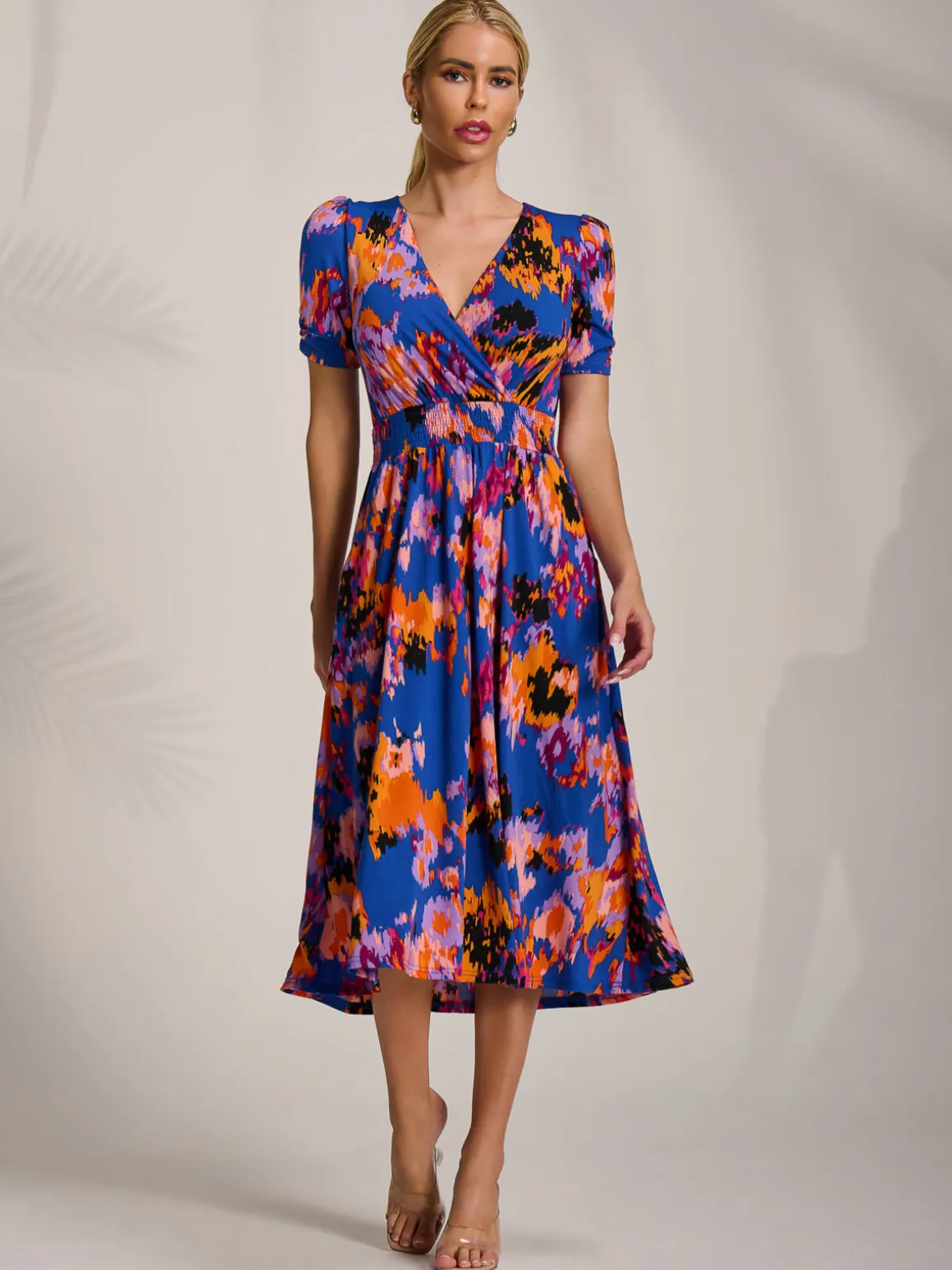 Short Sleeve Printed Jersey Midi Dress, Blue Abstract