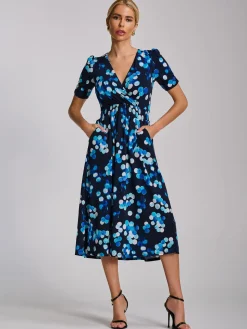 Short Sleeve Printed Jersey Midi Dress, Blue Spot
