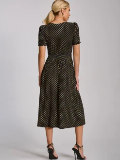 Short Sleeve Printed Jersey Midi Dress, Navy Polka Dot