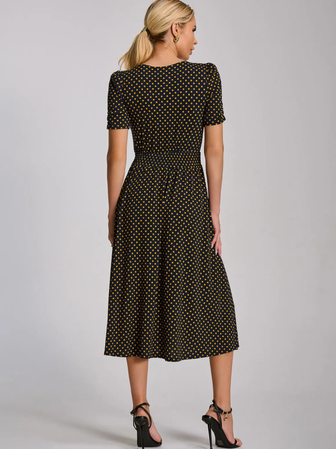 Short Sleeve Printed Jersey Midi Dress, Navy Polka Dot