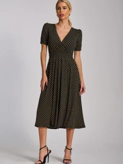 Short Sleeve Printed Jersey Midi Dress, Navy Polka Dot