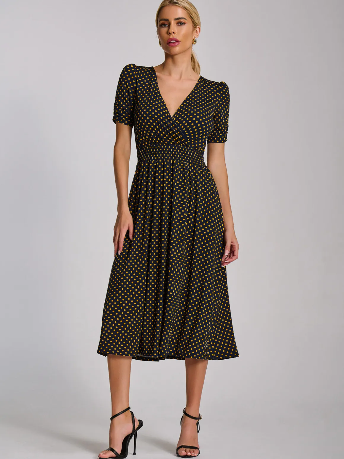 Short Sleeve Printed Jersey Midi Dress, Navy Polka Dot