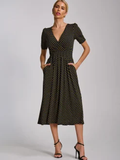 Short Sleeve Printed Jersey Midi Dress, Navy Polka Dot