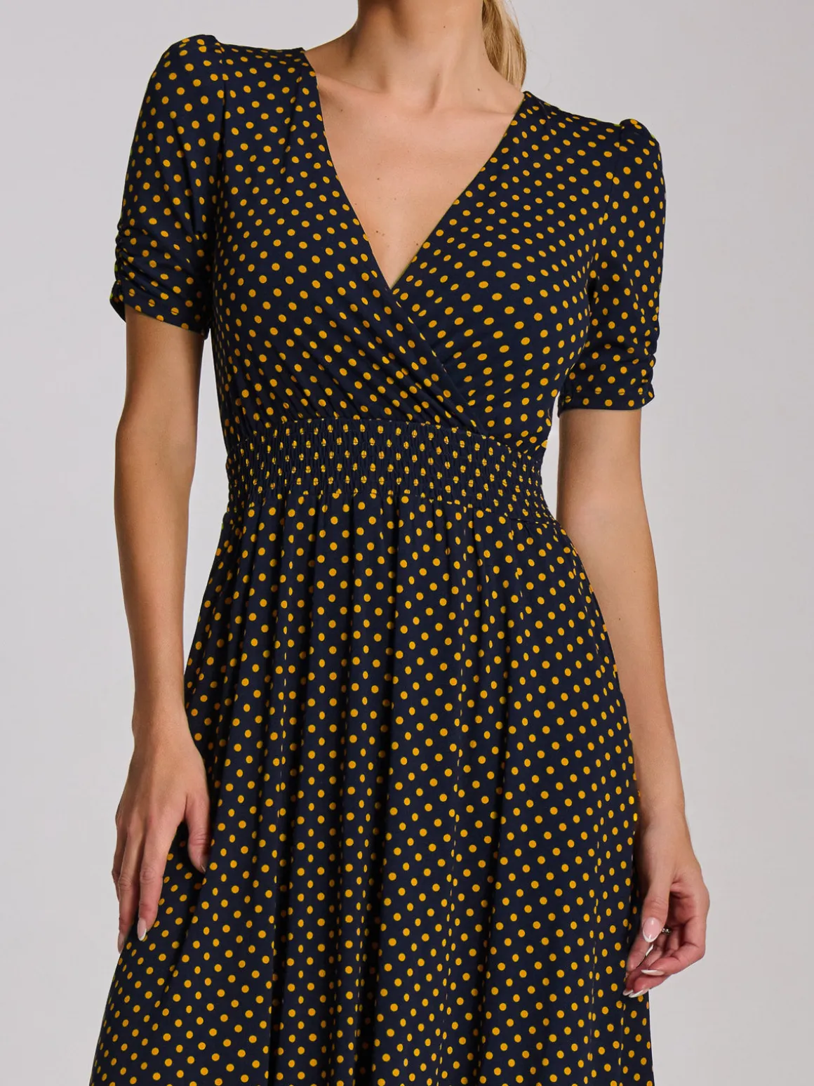 Short Sleeve Printed Jersey Midi Dress, Navy Polka Dot