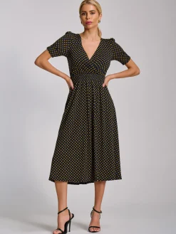 Short Sleeve Printed Jersey Midi Dress, Navy Polka Dot