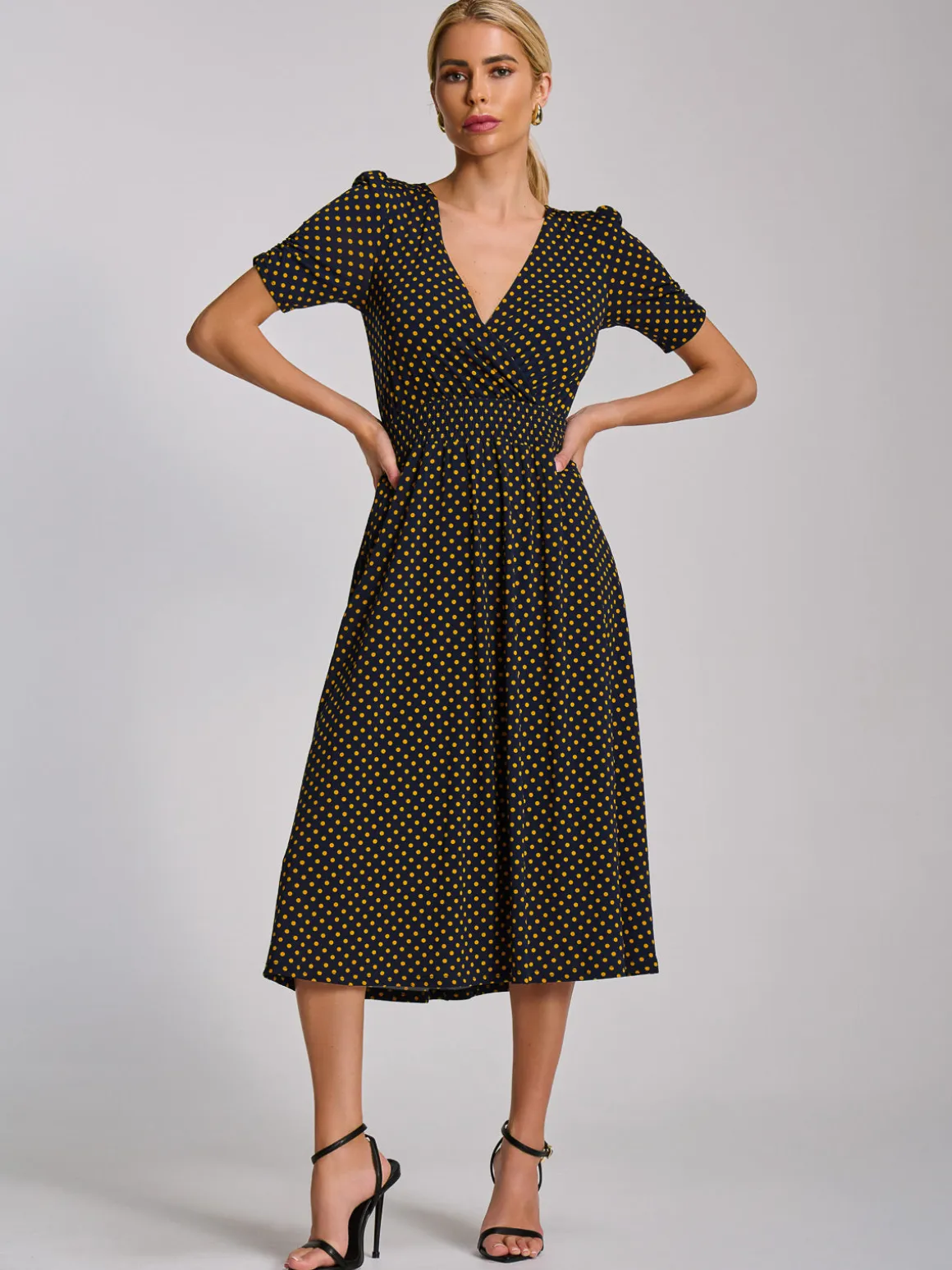 Short Sleeve Printed Jersey Midi Dress, Navy Polka Dot