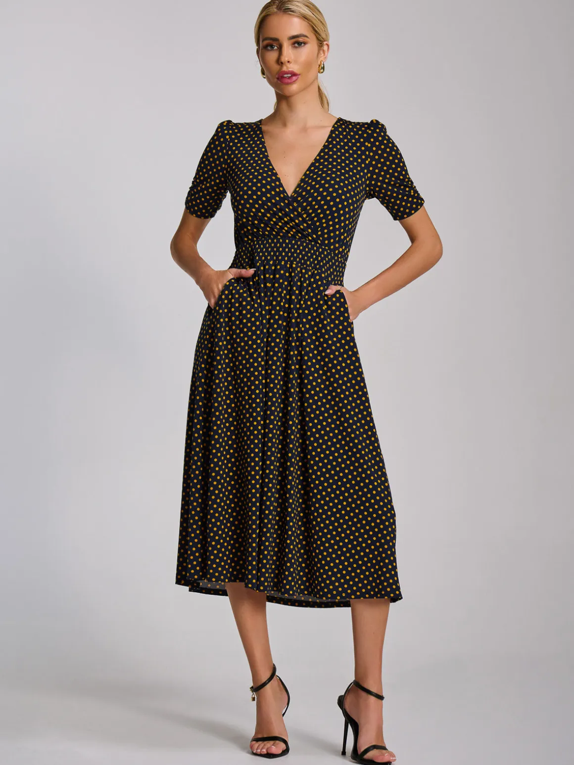 Short Sleeve Printed Jersey Midi Dress, Navy Polka Dot