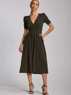 Short Sleeve Printed Jersey Midi Dress, Navy Polka Dot