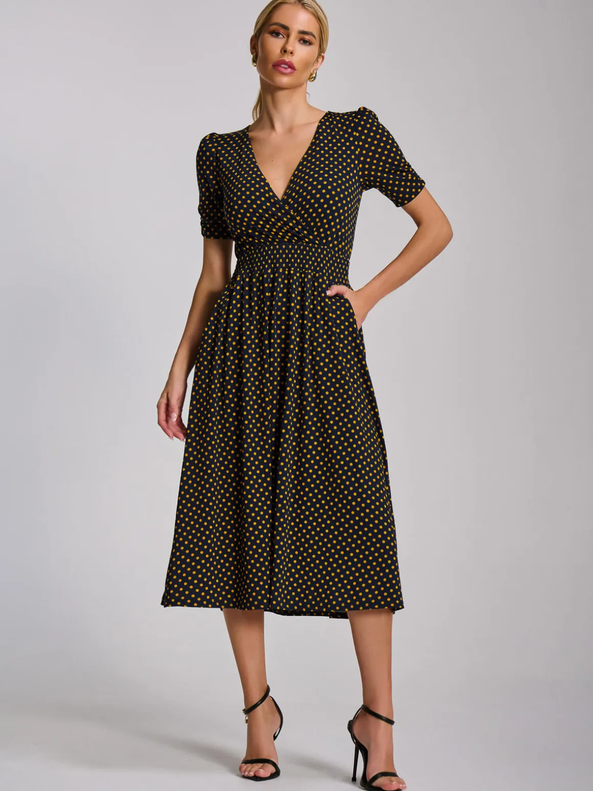 Short Sleeve Printed Jersey Midi Dress, Navy Polka Dot