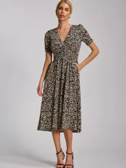 Short Sleeve Printed Jersey Midi Dress, Neutral Animal
