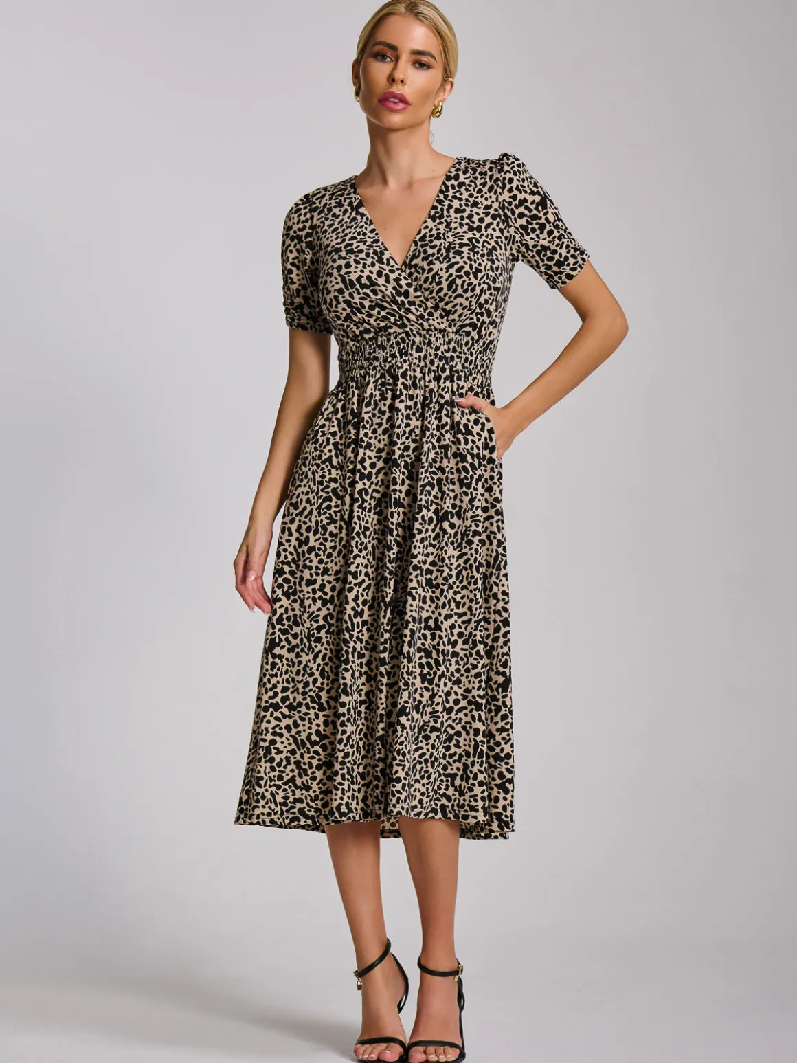 Short Sleeve Printed Jersey Midi Dress, Neutral Animal