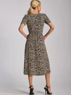 Short Sleeve Printed Jersey Midi Dress, Neutral Animal