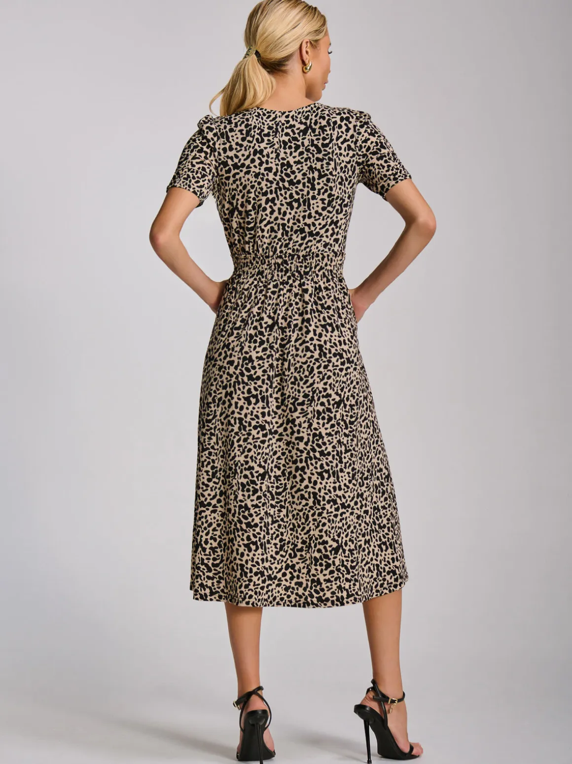 Short Sleeve Printed Jersey Midi Dress, Neutral Animal