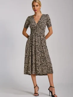 Short Sleeve Printed Jersey Midi Dress, Neutral Animal