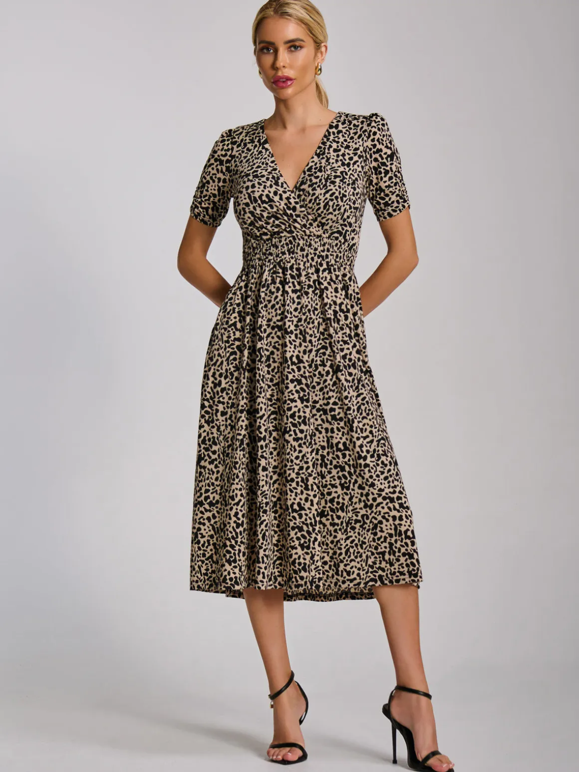 Short Sleeve Printed Jersey Midi Dress, Neutral Animal