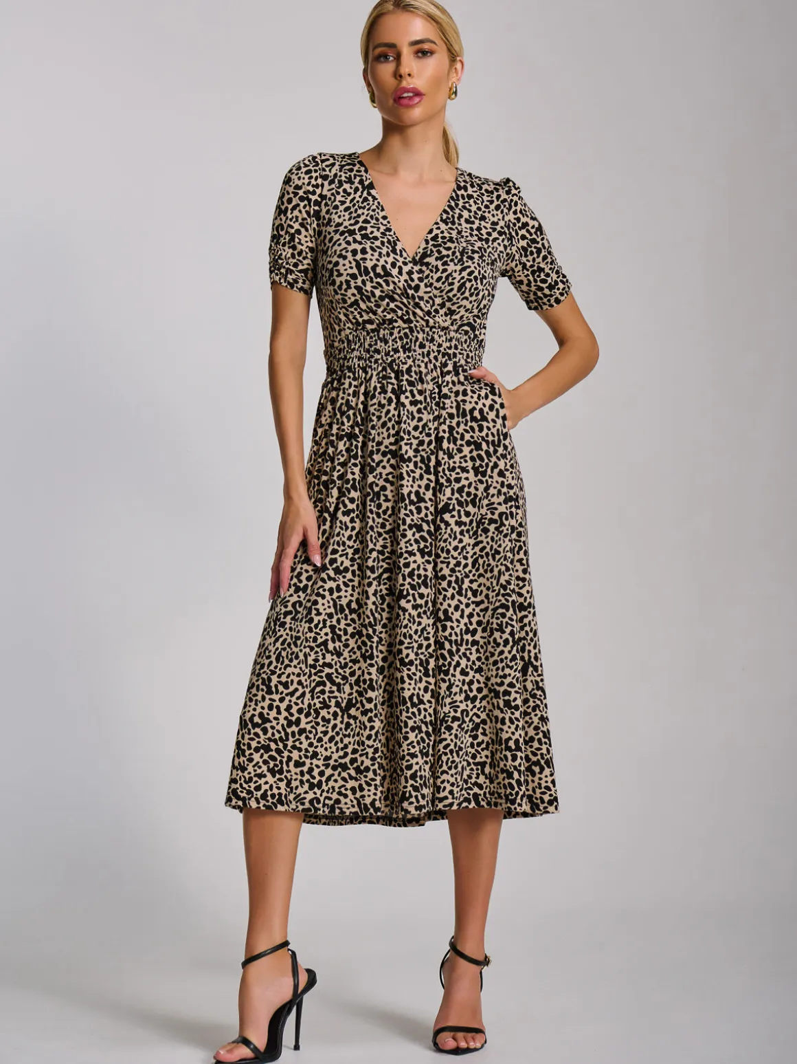 Short Sleeve Printed Jersey Midi Dress, Neutral Animal