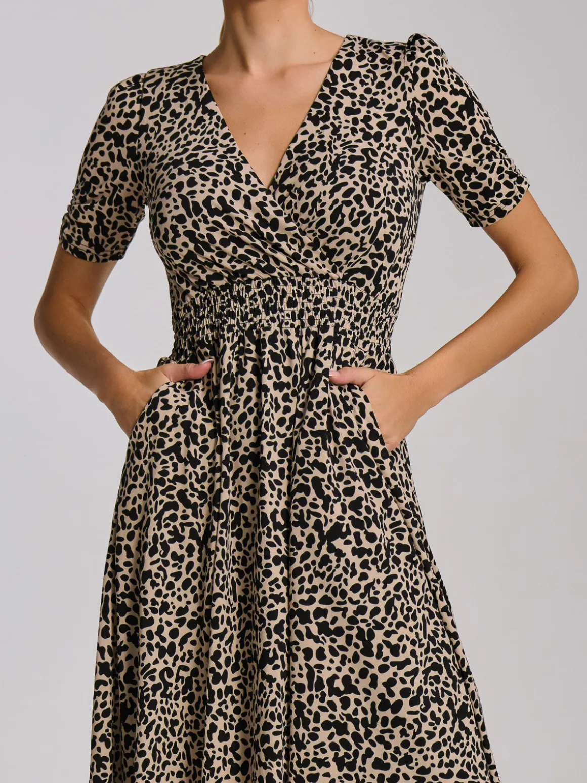 Short Sleeve Printed Jersey Midi Dress, Neutral Animal