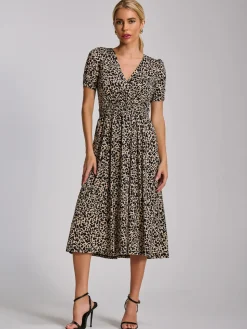Short Sleeve Printed Jersey Midi Dress, Neutral Animal