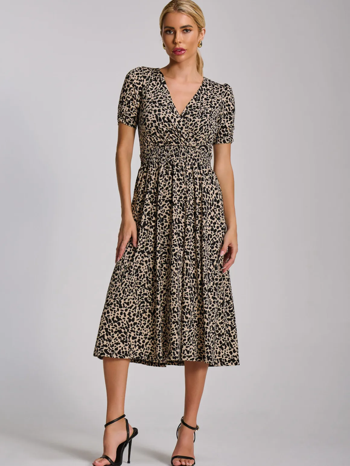 Short Sleeve Printed Jersey Midi Dress, Neutral Animal