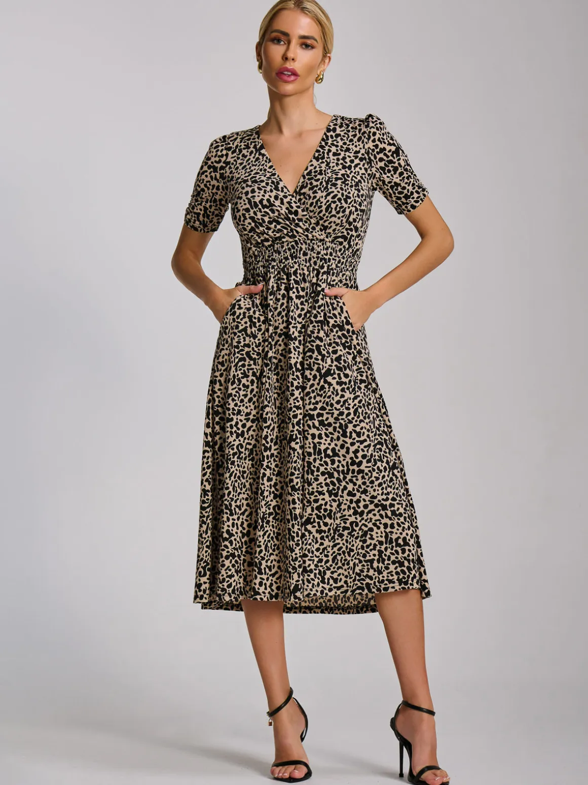 Short Sleeve Printed Jersey Midi Dress, Neutral Animal